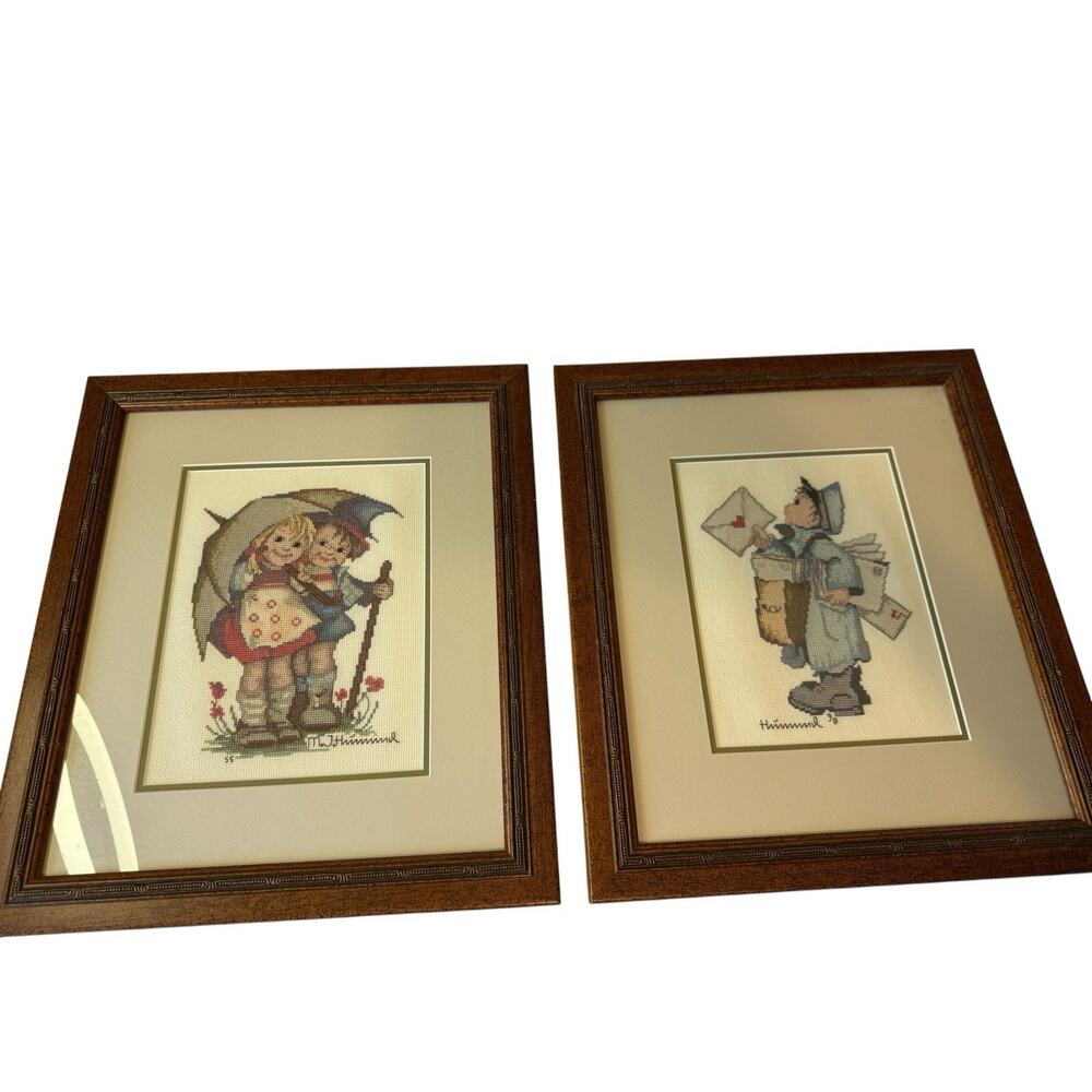 Hummel Framed Completed Cross Stitch Postman Rainy Day Couple 17”x14.5” Art Wall